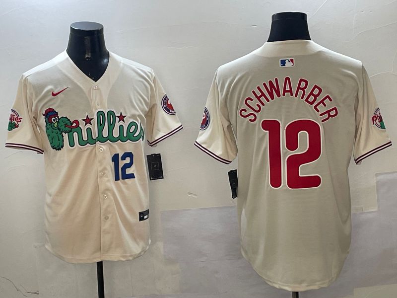 Men Philadelphia Phillies #12 Schwarber Cream Three generations Joint Name Game 2025 Nike MLB Jersey style 2->philadelphia phillies->MLB Jersey